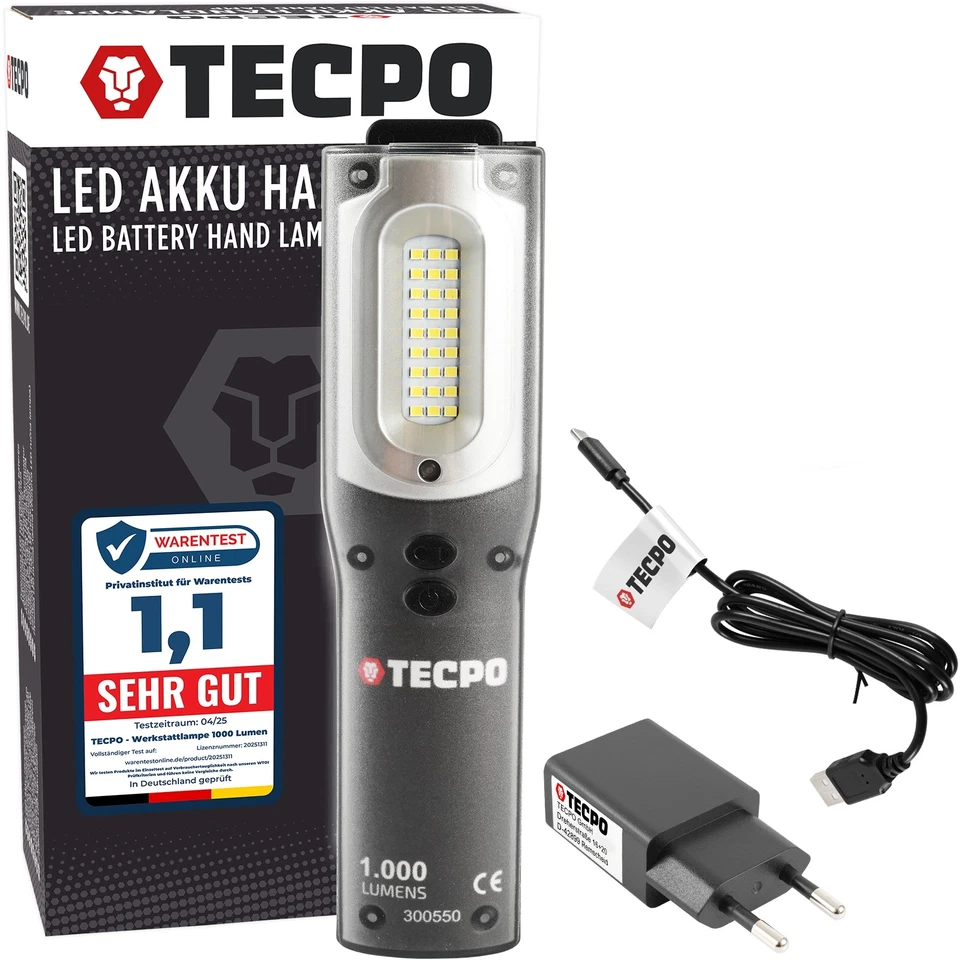 TECPO WERKSTATTLAMPE AKKU HANDLAMPE 1000lm LED ARBEITSLEUCHTE STABLEUCHTE IP54 - Bild 1 von 4