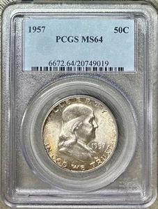 Medio dólar de plata Ben Franklin 1957, graduación profesional MS-64, ¡buen tono a lo largo de las llantas! - Imagen 1 de 2