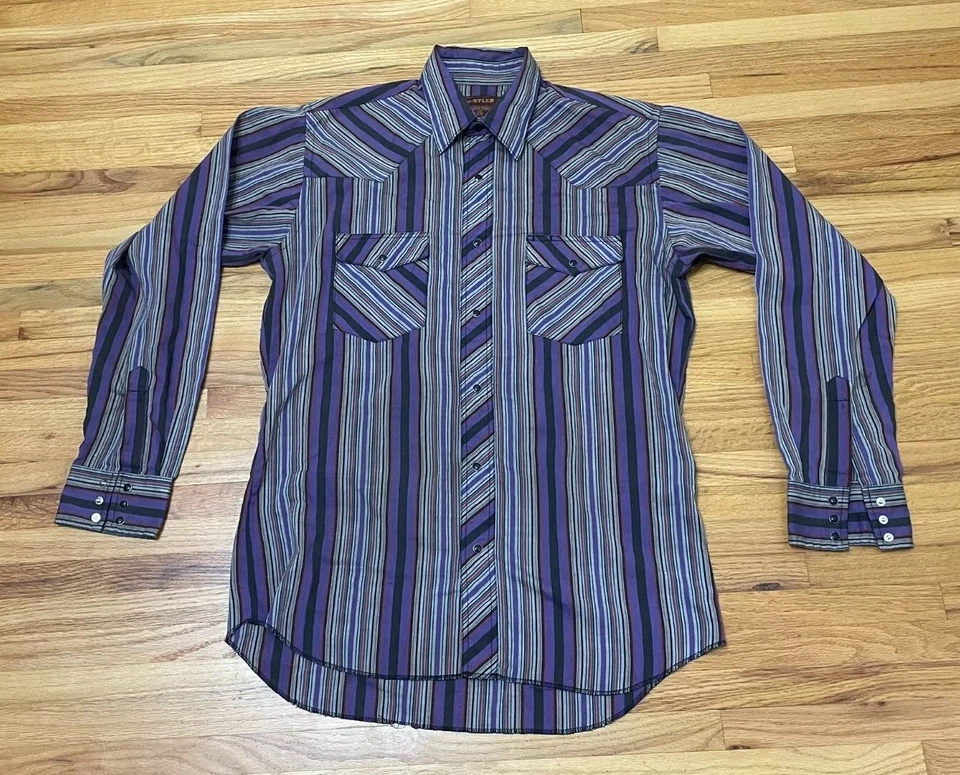Camisa Rustler Western abotonada para hombre (15,5-34/35) colas X púrpura a rayas Foto 1 de 4