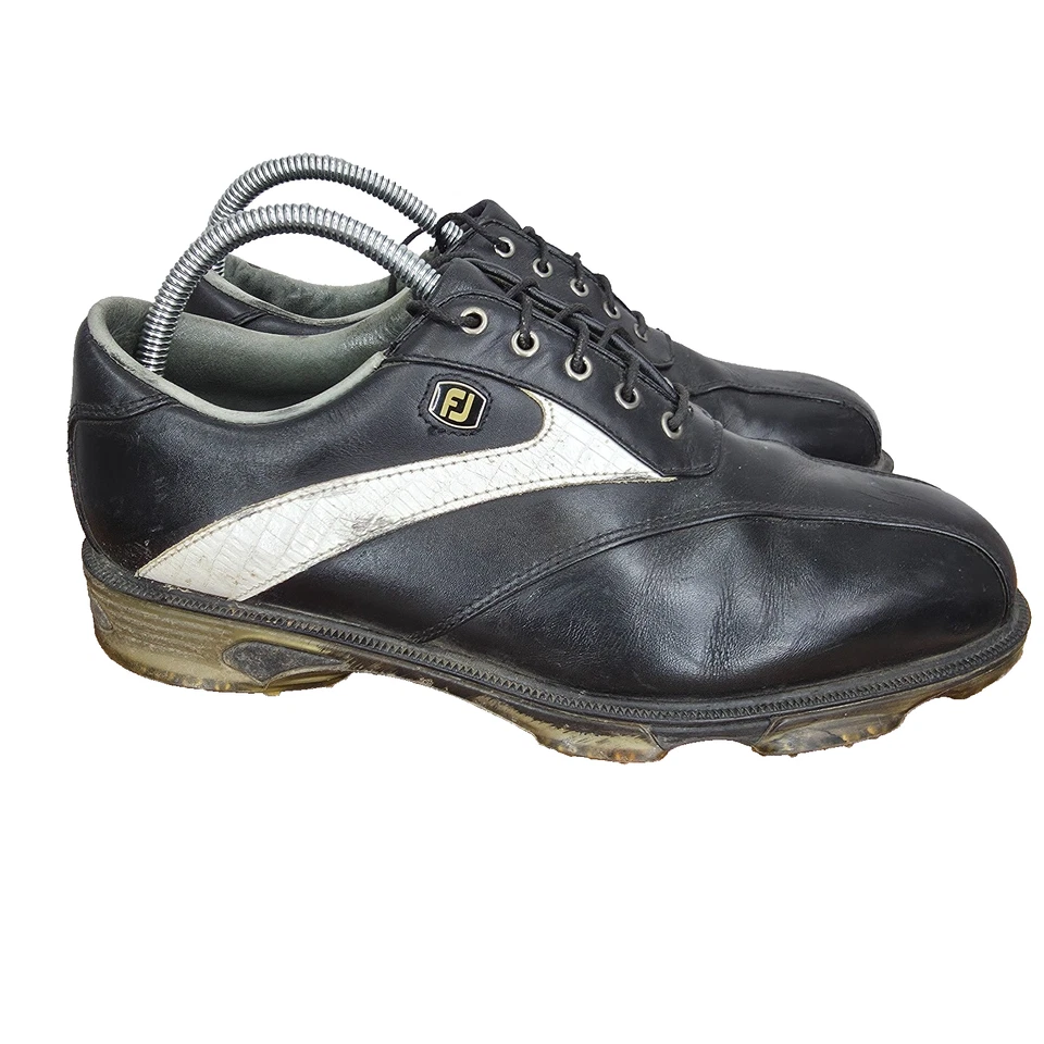 Footjoy FJ DryJoys Tour 高尔夫鞋男式 7.5 黑色白色皮革钉 53599R — 第 1/4 张图片