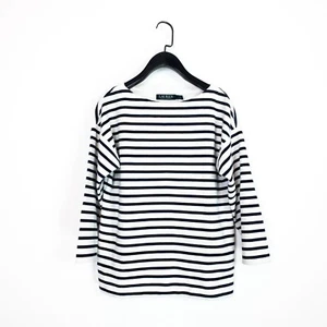 Lauren Ralph Lauren White Navy Stripe 3/4 Sleeve Boat Neck Rib Blouse - Size S - Picture 1 of 23