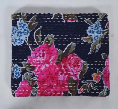 Indian Handmade Cotton Hand Block Floral Kantha Quilt Bedspread Blanket Throw - Image 1 of 4