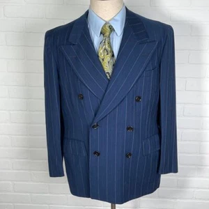 Unbranded Blazer Men 40 Blue Purple Pinstripe Double Breasted Peaked Wool VTG - Picture 1 of 11