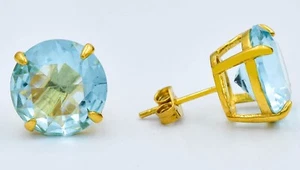 LAB CREATED AQUAMARINE 8.66 Ct STUD EARRINGS .925 Sterling Silver -Yellow Finish - Picture 1 of 6