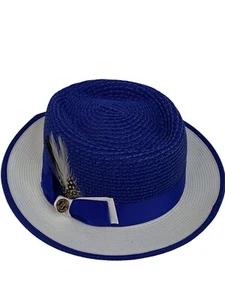 Bruno Capelo Front Pinch Havana 2-Tone Fedora Hat Royal Blue Feather Accent XL - Picture 1 of 13