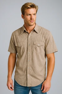 VTG Structure Mens M Brown Western Snap Shirt Diamond Stripe Short Sleeve - Picture 1 of 7