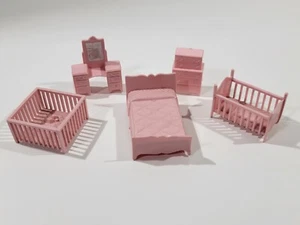 Vintage 1950's Doll House Bedroom Furniture Lot Pink Bed Play Pen Crib Dresser - Picture 1 of 9