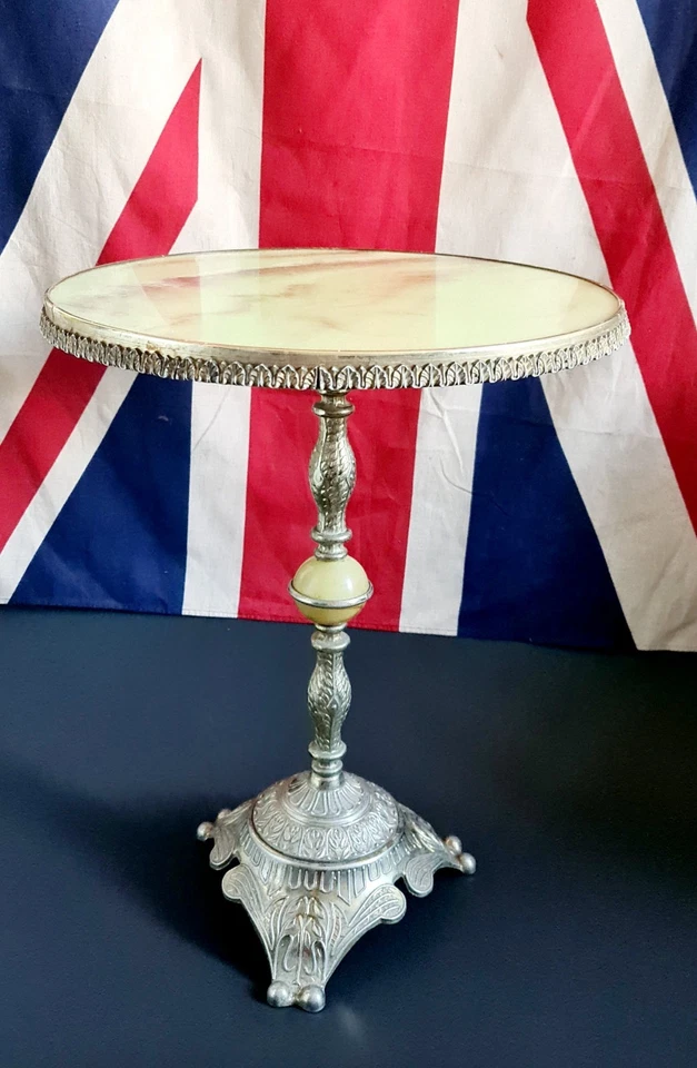 Vintage Round Onyx Look Resin Brass Effect Metal Side Occasional Wine Table  - Image 1 of 4