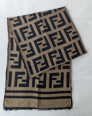 Fendi FF Logo Pattern Scarf Black & Brown Unisex Wool & Silk Made in Italy. - Image 1 of 4