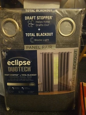 Eclipse DUOTECH Draft Stopper 2 Grommet Curtains 52" x 84" Each. MADDOX Charcoal - Image 1 of 4