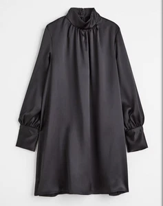 H & M Womens Tunic Swing Satin BLACK Mini Dress XL Relaxed Artsy Goth Vampire - Picture 1 of 13