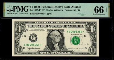 1999 $1 ATLANTA STAR NOTE PMG 66 EPQ 640K Print Run Fr 1925-F* Gem Uncirculated - Image 1 of 2