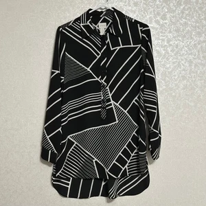 Chico's schwarz weiß geometrisches Muster Langarm Tunika Shirt hoher niedriger Saum Gr. 0 S - Bild 1 von 5