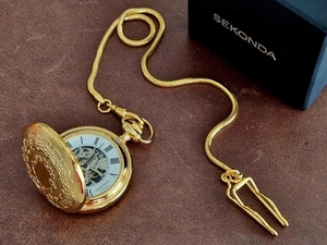 Reloj Bolsillo Mecánico SEKONDA Vintage Esqueleto Chapado en Oro + CAJA Original - Imagen 1 de 8