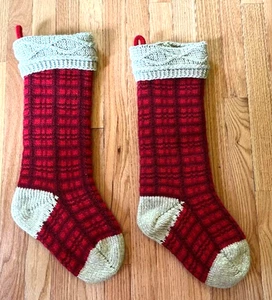 Vintage Hand Knit Christmas Stockings~21” Long, Fully Lined, Red & Tan Checkered - Picture 1 of 5