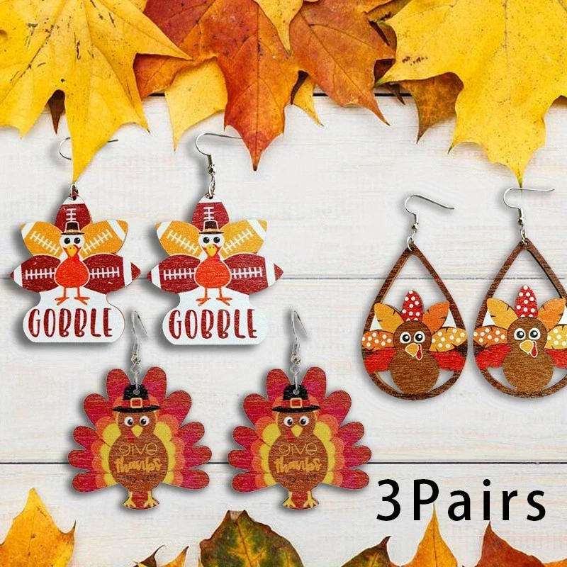 3Pairs Thanksgiving Turkey Earrings Set Gobble Give Thanks Firebird Drop Gift - Image 1 of 4