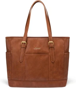 LOVEVOOK Laptop Tote Bag for Women,Vintage Leather 17.3 inch, Retro Brown  - Picture 1 of 8