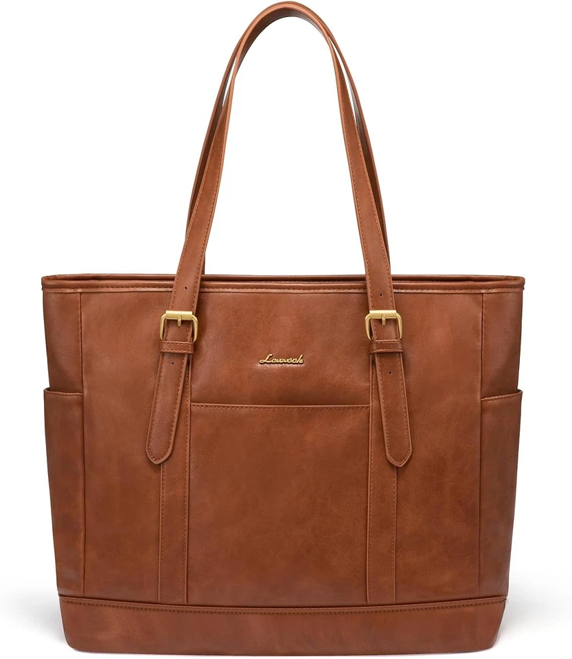 LOVEVOOK Laptop Tote Bag for Women,Vintage Leather 17.3 inch, Retro Brown  - Image 1 of 4