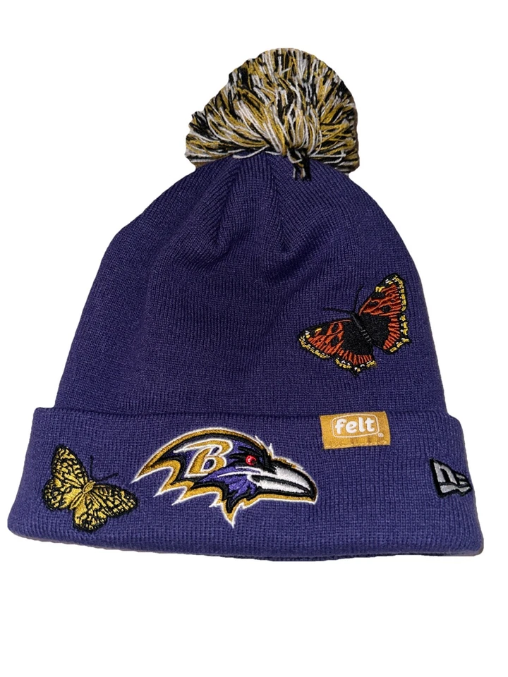 Baltimore Ravens Felt New Era Beanie Knit Pom Winter NFL TEAMS Hat Butterfly - Image 1 of 4