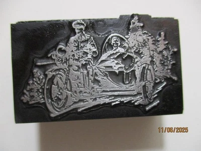 Printing Letterpress Printer Type Block Motorcycle w Side Car Print Cut - Image 1 of 4
