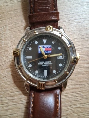VTG Tommy Hilfiger Quartz Watch Men Silver Rotating Bezel Leather - image 1 of 2