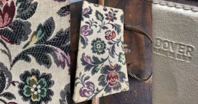 DE COLECCIÓN AÑOS 60 DOVER TAPIZ HECHO EN EE. UU. FLORAL ROJO NEGRO PÚRPURA TELA MONEDERO BOLSO DE MANO GUC Foto 1 de 4