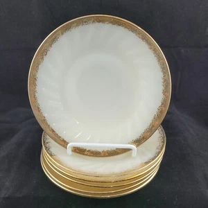 Lot of 6 Fire King  Oven Ware Milk Glass Swirl Design Gold Trim Saucers 5 7/8" - Picture 1 of 5