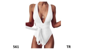 Lilosy Sexy Tie Criss Cross Plunge 1 Piece Thong Swimsuit High Cut Brazilian, S - Picture 1 of 7