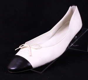 CHANEL Bone White & Black Leather CC Cap Toe Bow Ballet Flats 40