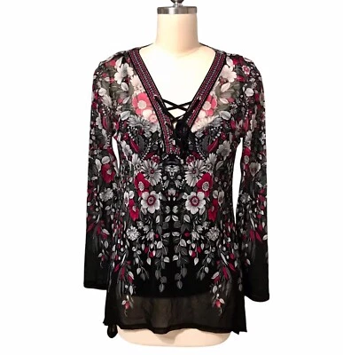 Y2K INC International Concepts Sheer Dark Floral Top Whimsi Fairy Grunge Sz M - Image 1 of 4