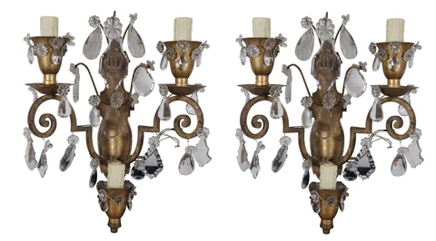 2 Hollywood Regency Scrolled Brass & Cut Crystal 3 Light Candelabra Wall Sconces Cover