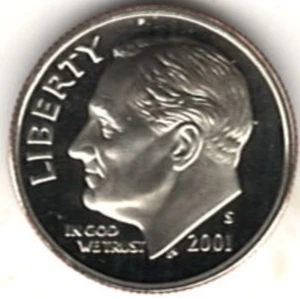 Moneda de diez centavos Roosevelt 2001 revestida S en perfecto estado ~ foto de stock stk 1 - Imagen 1 de 2