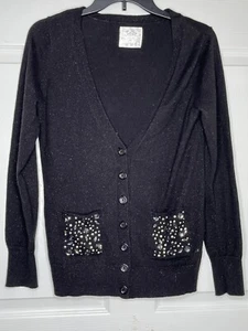 Justice Sparkle Black Sweater Cardigan Sz 16 Girls Rhinestone Pockets - Picture 1 of 7