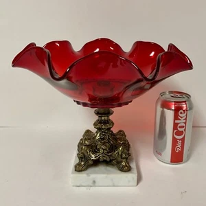 Vintage Rubinrot Glas Schale Herzstück Kompott mit Messing Marmor Sockel Italien - Bild 1 von 8