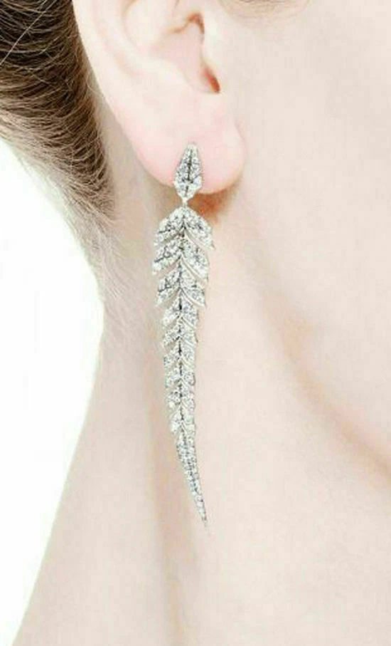 935 Silver Feather Long Women's Dangle Earring With 6.10CT Simulated Sapphire - Image 1 of 4