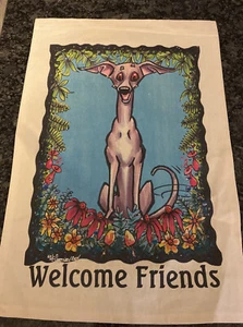 Letrero de bandera de perro Welcome Friends de lienzo GRIS ITALIANO M artista McCartney 13x19" - Imagen 1 de 5