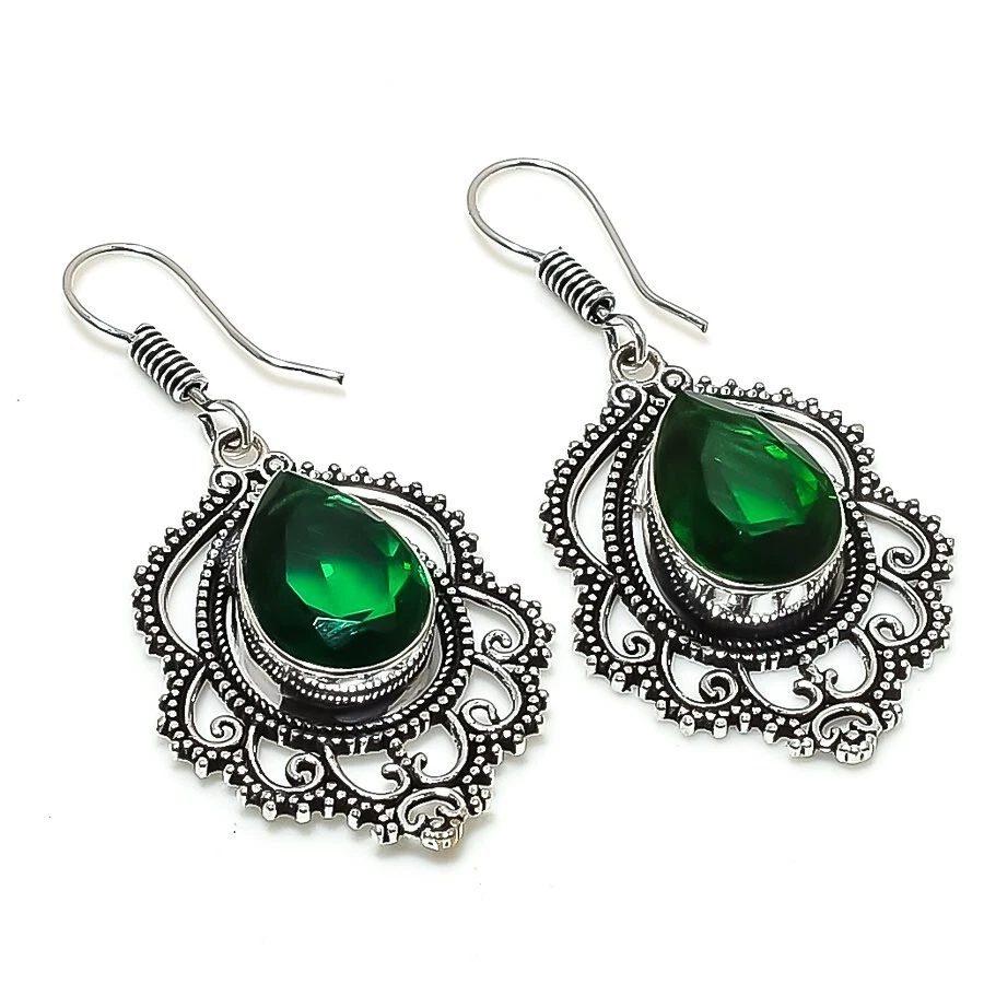Chrome Diopside Gemstone Handmade 925 Sterling Silver Jewelry Earring Sz 1.6" - Image 1 of 1