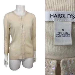 Harold’s Beaded Sequin Cream Wool Cashmere Cardigan Sweater / Small * - Picture 1 of 4