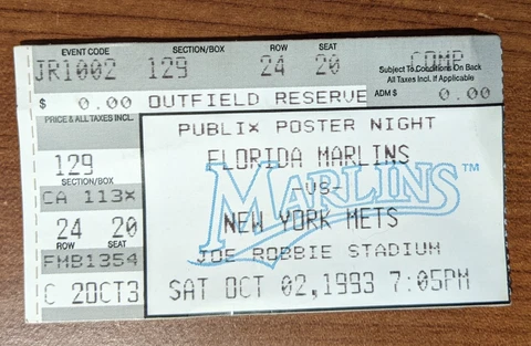 Miami Florida Marlins Ticket Stub 10-02-93 vs Mets Joe Robbie Stadium Lot 2 Cover