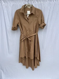 Hot & Delicious Shirt Dress High Low 3/4 Sleeve Tan Tie Waist 100% Cotton Small - Picture 1 of 5