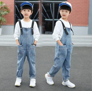 Boys Girls Dungarees Denim Bib Kids Child Pocket Suspenders Pants Jeans Trousers - Picture 1 of 12