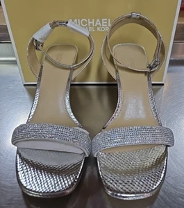 Michael Kors Carrie Rhinestone/Leather Sandal - Silver - 8M - NIB - Picture 1 of 6