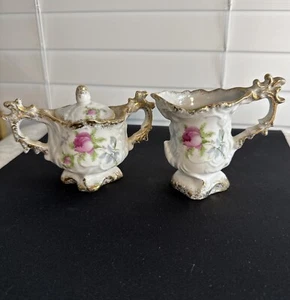 LEFTON CHINA ROSES SUGAR BOWL W/LID & CREAM PITCHER Vtg - Picture 1 of 16