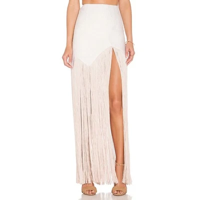 Falda Asilio Gatsby 4 Maxi Cintura Alta Flecos Abertura Tejida Beige Salir Girar  Foto 1 de 4