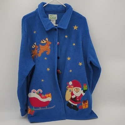 Quacker Factory Christmas Jacket Holiday Fleece 1X Blue Stars Santa Button Down - Image 1 of 4