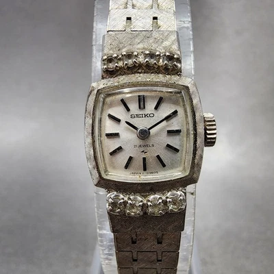 Seiko Watch Women 15mm Silver Dial White Gold Plated Diamonds Manual Wind Runs - Image 1 of 4