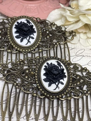 Pair Bronze Barrette Jewelry Hair Combs Cameo Black White Goth Rose Wedding Punk - Image 1 of 4