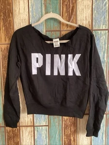 Victoria’s Secret PINK Off The Shoulder Raw Neck Cropped Sweatshirt Schwarz Gr. S - Bild 1 von 3