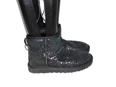 UGG Size 7 38 Black Silver Classic Mini Snow Leopard Shearling Boots Ankle Flat - Image 1 of 4