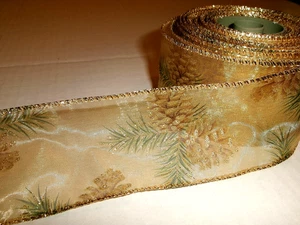 Member's Mark  Wired Holiday Ribbon 2.5 Wide-Gold & Green Pine Cone-13 yards((E) - Picture 1 of 2
